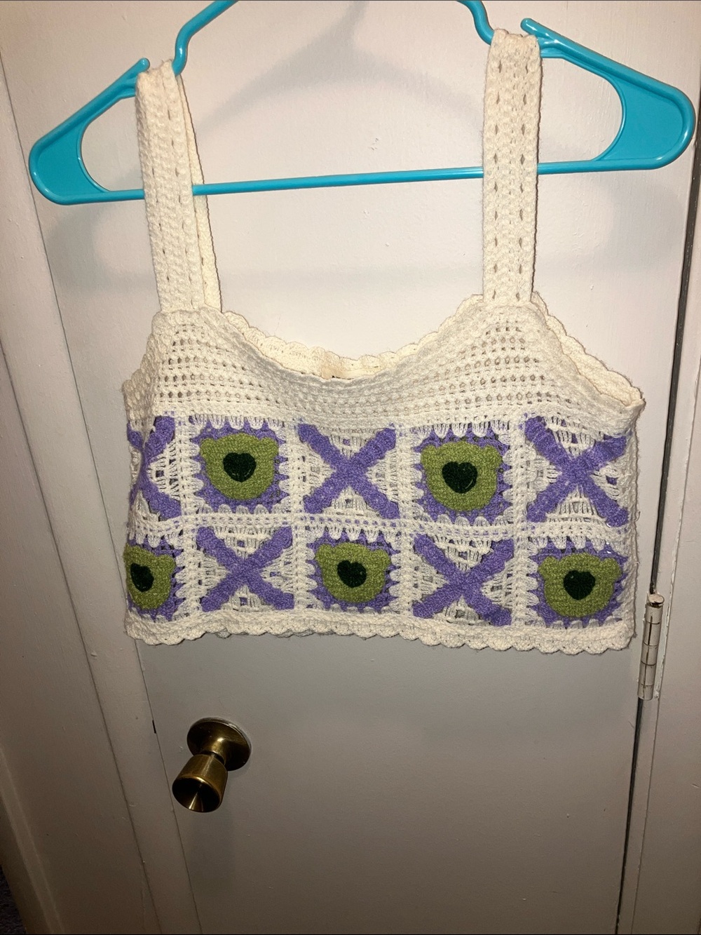 ADORA Cream Crochet Crop Sweater Purple Xs and Green Heart Motifs Medium